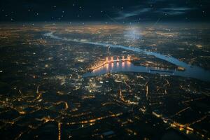 ai generato illuminato porta cittadina a notte. aereo Visualizza su fiume buio cielo. vivido notte vita. foto