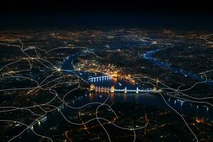 ai generato illuminato porta cittadina a notte. aereo Visualizza su fiume buio cielo. vivido notte vita. foto