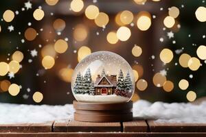 ai generato cristallo palla con un' nevoso Natale albero abete albero dentro caduta neve realistico vacanza decorazione foto