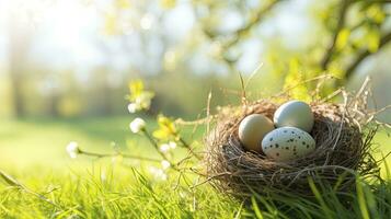 ai generato nido con Pasqua uova nel erba su un' soleggiato primavera giorno foto