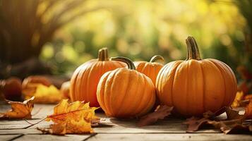 ai generato zucca su un' soleggiato autunno autunno sfondo con alcuni le foglie foto