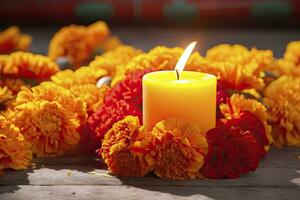 ai generato candele e calendula fiori. giorno di il morto concetto dia de los muertos. ai generato foto