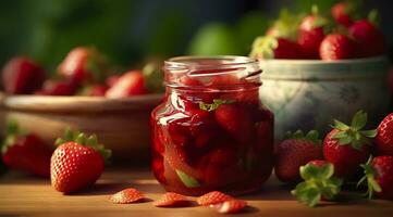 ai generato fragola marmellata e fresco frutti di bosco. generativo ai foto