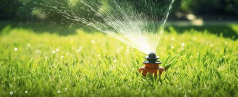 ai generato automatico giardino prato spruzzatore nel azione irrigazione erba. ai generato foto