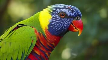 ai generato lato Visualizza avvicinamento di bellissimo e colorato lorikeet verde naped uccello. generativo ai foto