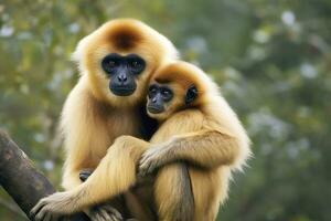 ai generato vicino Immagine di guancia gibbone scimmia madre con un' bambino nel il foresta. generativo ai foto