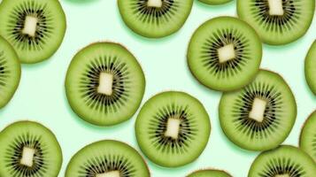 ai generato fette di Kiwi frutta e verde menta le foglie su un' leggero pastello blu sfondo. ai generato foto