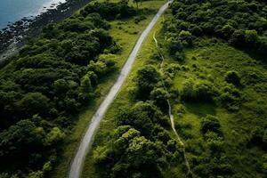 ai generato aereo superiore Visualizza rurale strada nel il foresta, sporco strada o fango strada e pioggia foresta, aereo Visualizza strada nel natura, ecosistema e salutare ambiente foto