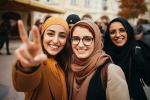 ai generato gruppo di musulmano amici indossare hijab Abbracciare una persona e sorridente insieme foto