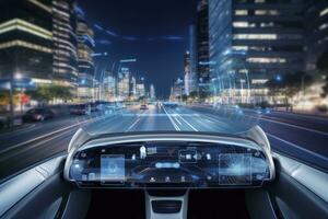 ai generato moderno inteligente auto tecnologia intelligente sistema utilizzando teste su Schermo hud autonomo se stesso guida modalità veicolo su città strada con grafico sensore radar segnale sistema intelligente macchina. foto