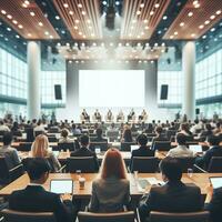 ai generato persone nel un' conferenza camera guardare a un' sfocato altoparlante foto