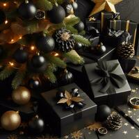 ai generato nero regalo scatole sotto il Natale nuovo anno albero foto