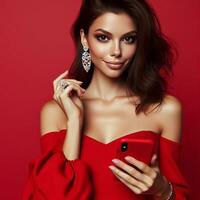 ai generato ritratto di un' bella brunetta donna nel rosso vestito con un' Telefono su un' rosso sfondo foto