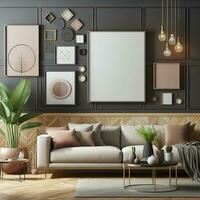 ai generato moderno design vivente camera con divano, dipinti e mobilia foto