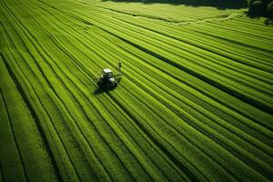 ai generato assunzione cura di il Ritaglia. aereo Visualizza di un' trattore fertilizzante un' coltivato agricolo campo. foto