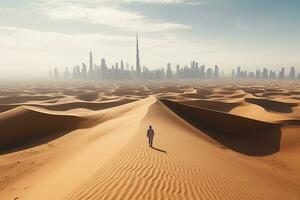 ai generato Arabo uomo con tradizionale Emirates Abiti a piedi nel il deserto e dubai orizzonte nel il sfondo foto