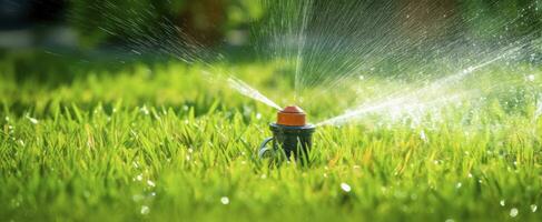 ai generato automatico giardino prato spruzzatore nel azione irrigazione erba. ai generato foto