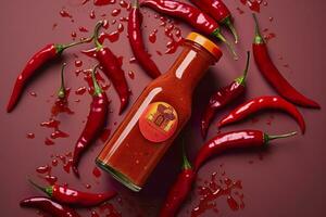 ai generato Tabasco caldo Pepe salsa con rosso chili Pepe, piatto posizione. generativo ai foto