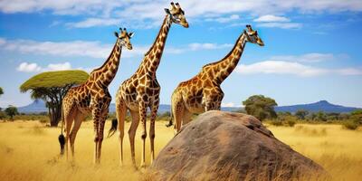 ai generato giraffe nel il africano savana. serengeti nazionale parco. Africa. Tanzania. ai generato foto