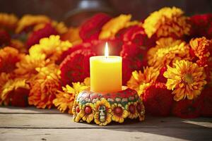 ai generato candele e calendula fiori. giorno di il morto concetto dia de los muertos. ai generato foto