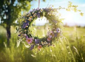 ai generato rustico fiori selvatici ghirlanda su un' soleggiato prato. estate solstizio giorno, mezza estate concetto. generativo ai foto