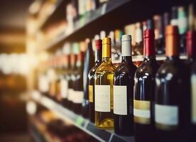 ai generato astratto sfocatura vino bottiglie su liquore alcool scaffali nel supermercato memorizzare sfondo. generativo ai foto