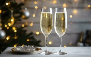 ai generato bicchieri con Champagne su il sfondo di Natale decorazioni. ai generato foto