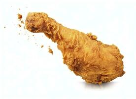 ai generato fritte pollo gamba caduta nel il aria isolato su un' bianca sfondo. ai generato. foto