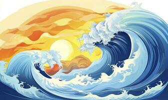 ai generato oceano onda sole nuvole, blu giallo astratto oceano onda. ai generato. foto