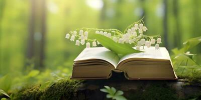 ai generato giglio di il valle fiori e vecchio libri nel il foresta, verde naturale sfondo. ai generato foto