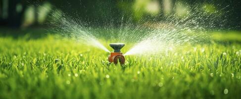 ai generato automatico giardino prato spruzzatore nel azione irrigazione erba. ai generato foto