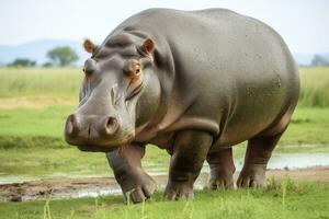 ai generato ippopotamo a piedi nel un' verde campo. ai generato foto