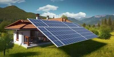 ai generato fotovoltaico solare pannelli. sostenibile energia. un' mini energia pianta per un' casa. generativo ai foto