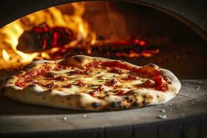 ai generato appena al forno Pizza avvicinamento, tradizionale legna licenziato forno sfondo. ai generato foto