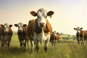 ai generato gruppo di mucche in piedi nel un' erboso campo. ai generato foto