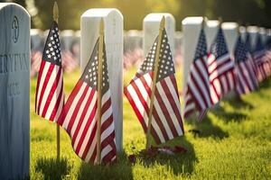 ai generato militare lapidi e lapidi decorato con bandiere per memoriale giorno. ai generato foto