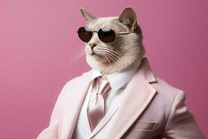 ai generato un' gatto è indossare occhiali da sole e completo da uomo su rosa sfondo. ai generato foto