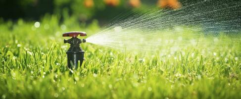 ai generato automatico giardino prato spruzzatore nel azione irrigazione erba. ai generato foto