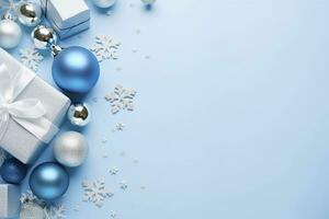 ai generato Natale vigilia concetto. superiore Visualizza foto di blu e argento palline fiocco di neve ornamenti elegante presente scatole e coriandoli. ai generato