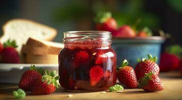 ai generato fragola marmellata e fresco frutti di bosco. generativo ai foto