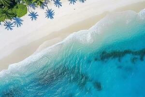 ai generato superiore Visualizza aereo Immagine a partire dal fuco di un sbalorditivo bellissimo mare paesaggio spiaggia con turchese acqua con copia spazio foto