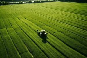 ai generato assunzione cura di il Ritaglia. aereo Visualizza di un' trattore fertilizzante un' coltivato agricolo campo. foto