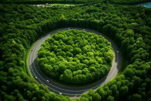 ai generato rotatoria nel il mezzo di un' foresta circolare strada circondato di alberi foto