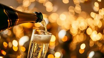 ai generato celebrazione tema con Champagne versato in bicchiere. Natale, nuovo anno o san valentino giorno sfondo. foto