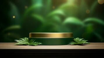 ai generato 3d reso vuoto Schermo elegante lusso verde e oro tema podio con le foglie minimo scena per Prodotto Schermo presentazione foto