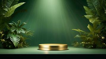 ai generato 3d reso vuoto Schermo elegante lusso verde e oro tema podio con le foglie minimo scena per Prodotto Schermo presentazione foto