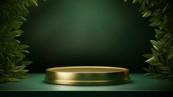 ai generato 3d reso vuoto Schermo elegante lusso verde e oro tema podio con le foglie minimo scena per Prodotto Schermo presentazione foto