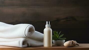 ai generato bellissimo terme e cosmetici prodotti composizione su di legno tavolo naturale cosmetico prodotti presentazione bellezza, benessere, corpo cura terme concetto. foto