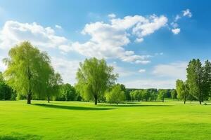 ai generato bellissimo sfocato sfondo Immagine di primavera natura con un' ordinatamente rifilato prato circondato di alberi contro un' blu cielo con nuvole su un' luminosa soleggiato giorno foto