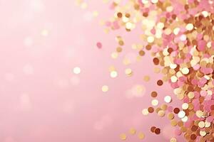 ai generato d'oro scintille su rosa sfondo. con sparpagliato metallo luccichio nel delicato pastello colori foto